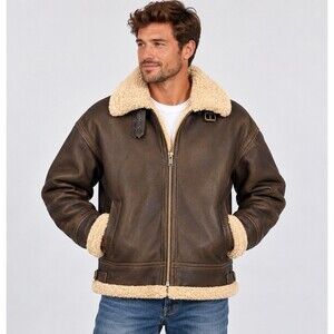 Men’s Brown Leather Shearling Aviator B3 Bomber Jacket Sherpa Lined Vintage